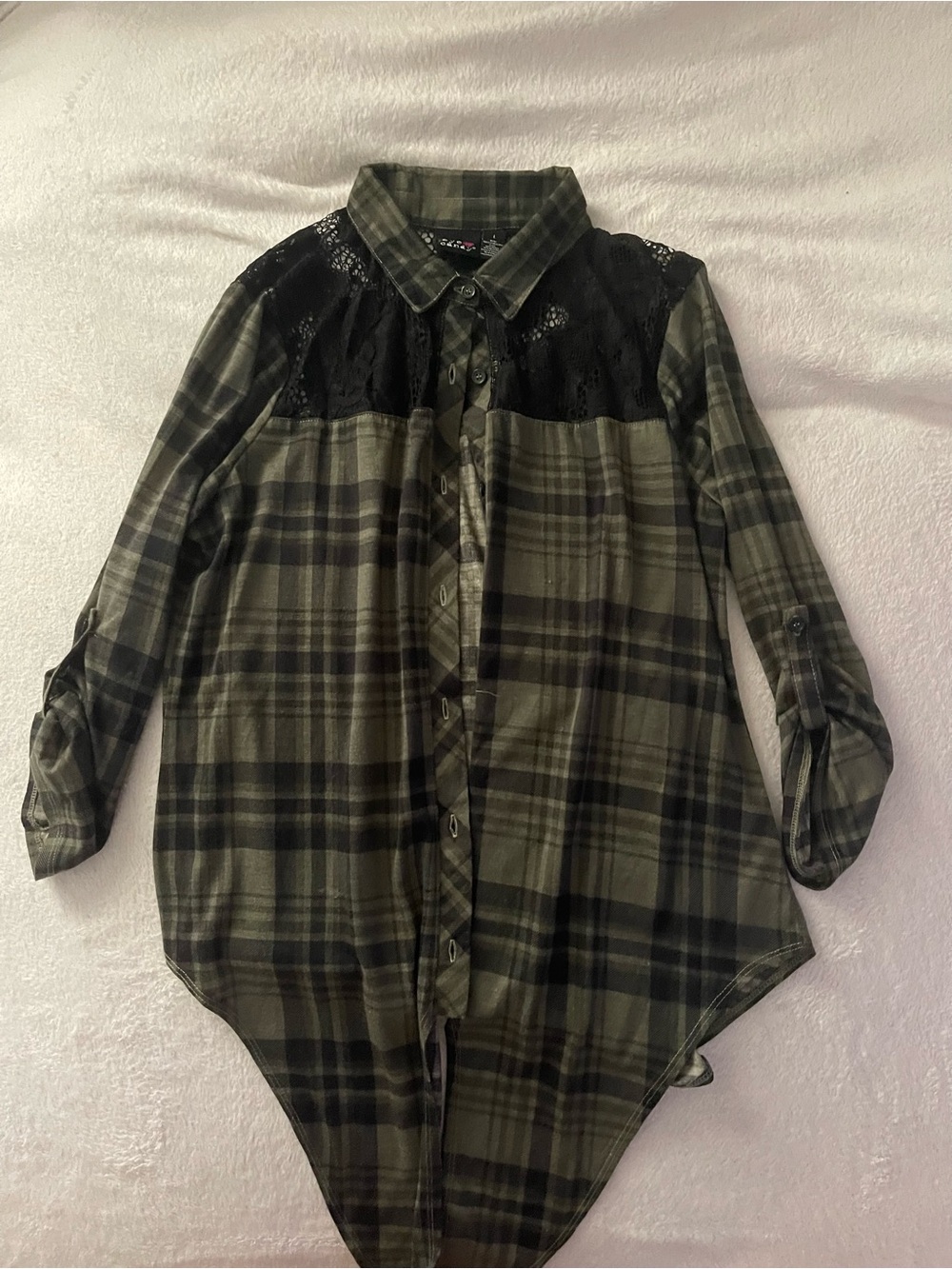 Plaid Olive Green Button-Down Shirt with Black Lace Yoke